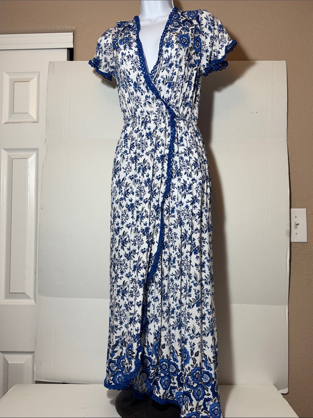 Blue Floral Wrap Maxi Dress with Crochet Trim Accents